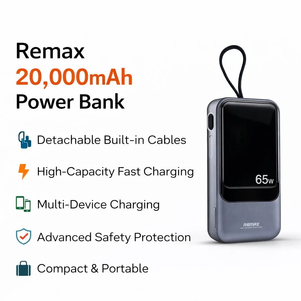 Remax 20000mAh Power Bank with Detachable Cables