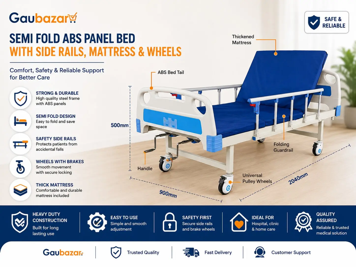 Semi Fold ABS Panel Hospital Bed with Mattress & Wheels in Nepal