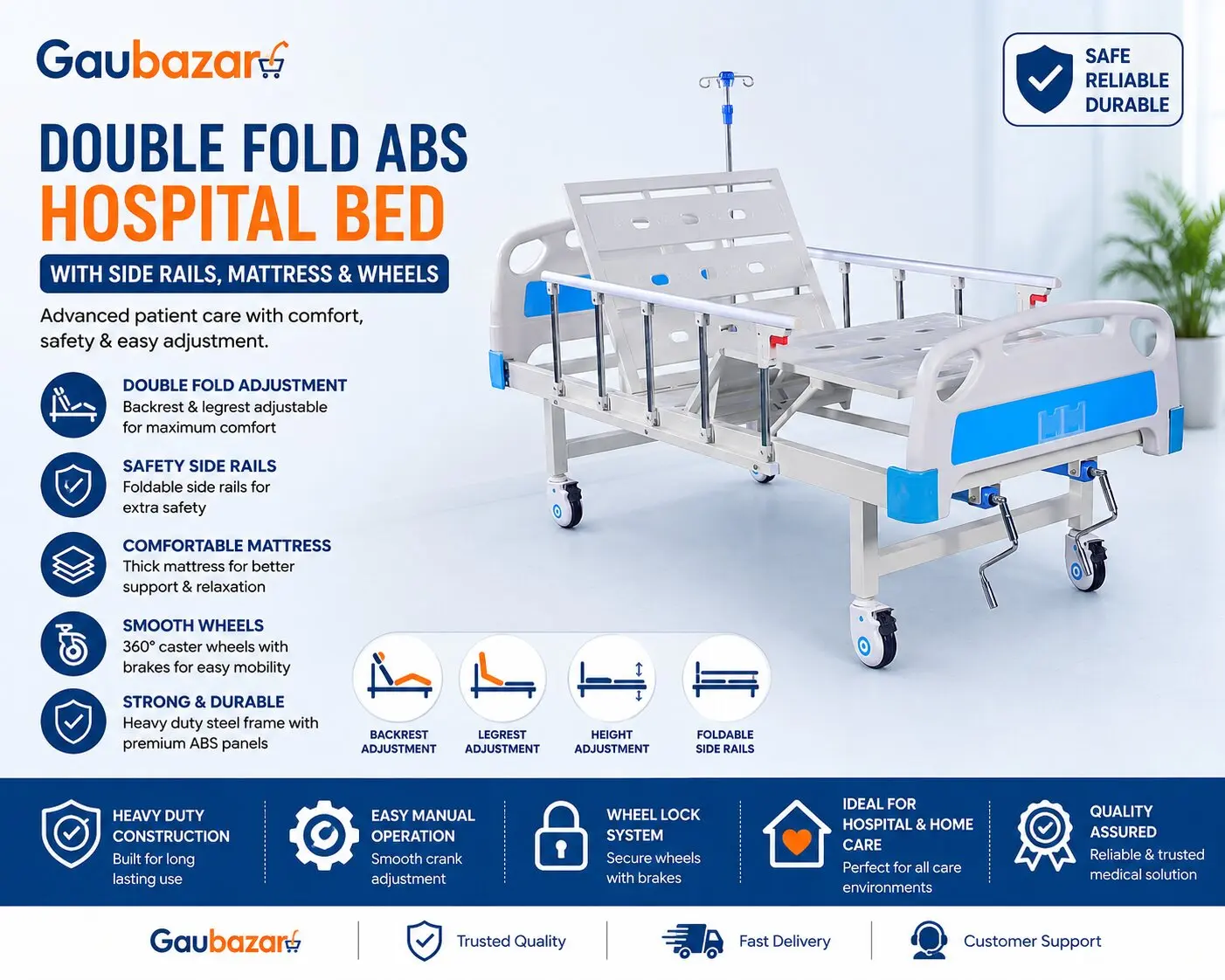 Double Fold ABS Hospital Bed with Mattress & Wheels in Nepal