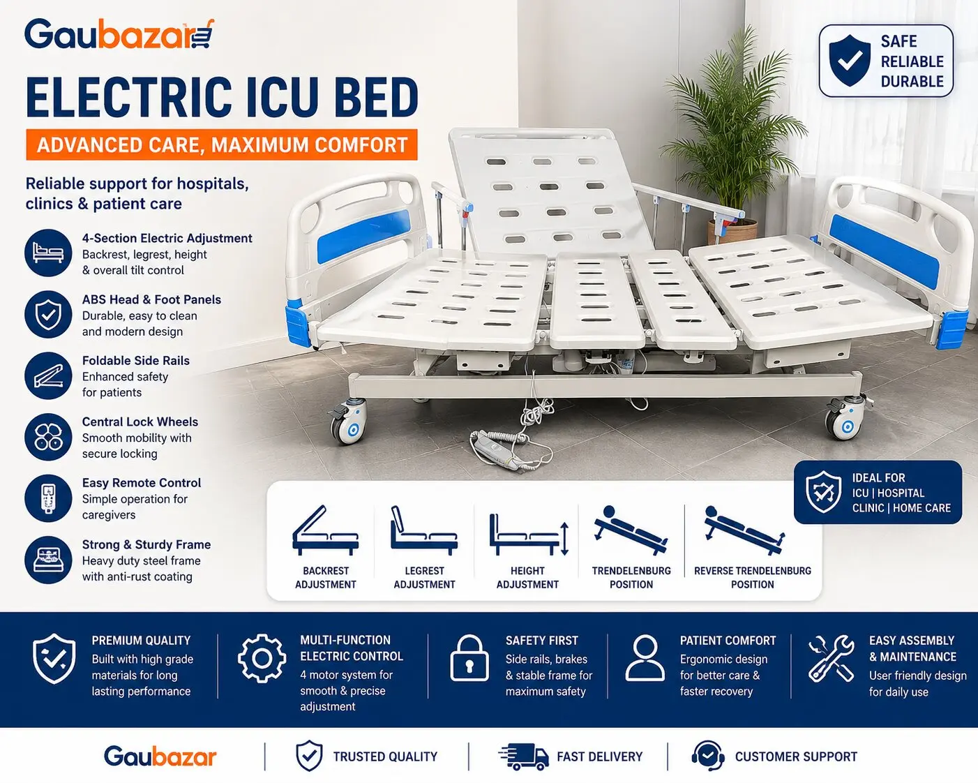 5 Function Electric ICU Bed with ABS Side Rails in Nepal