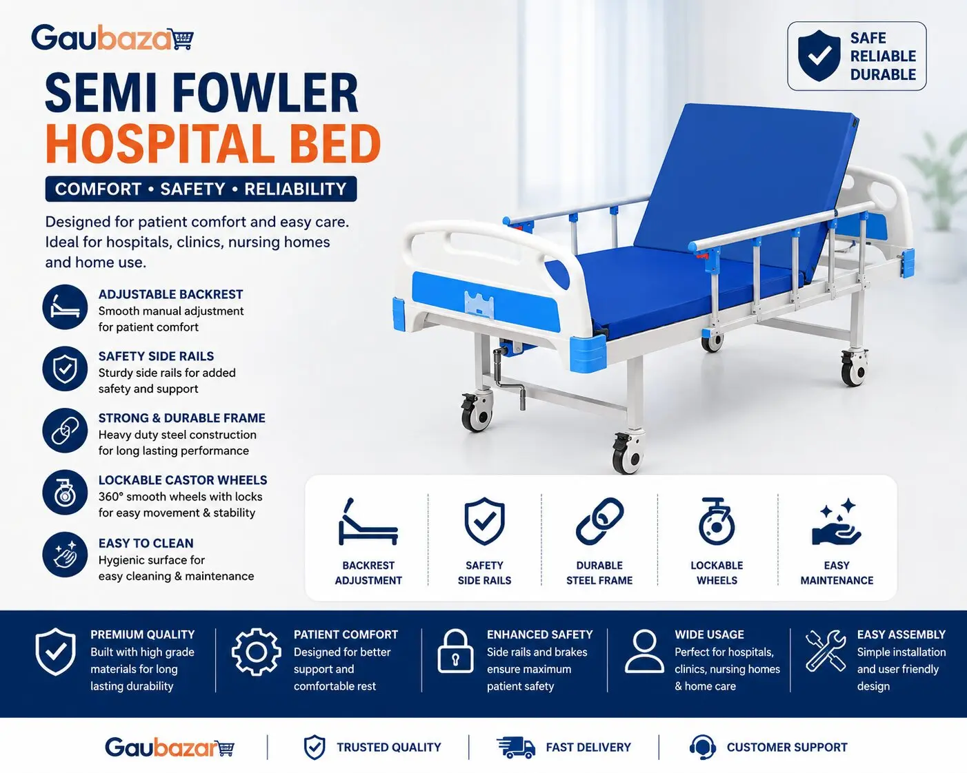Semi Fowler Hospital Bed in Nepal | Patient Care Bed