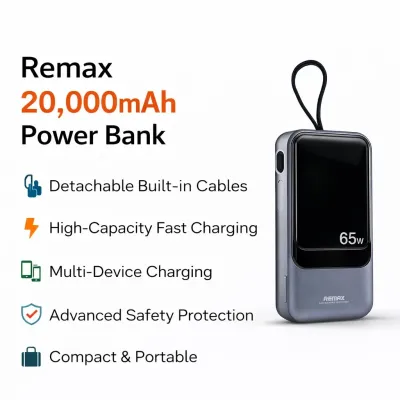 Remax 20000mAh Power Bank with Detachable Cables