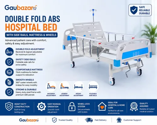 Double Fold ABS Hospital Bed with Mattress & Wheels in Nepal