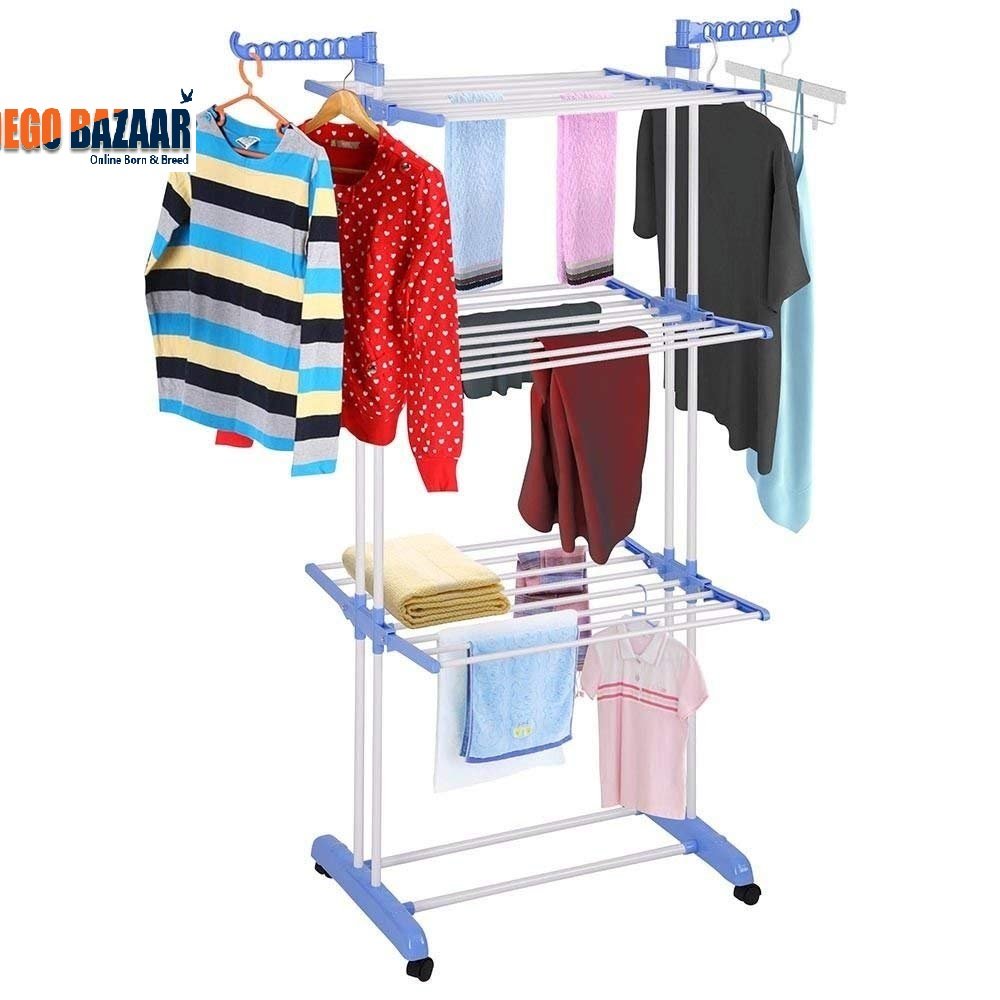 Folding Drying Clothes Rack 3 Tiers Clothes Laundry With Wheels