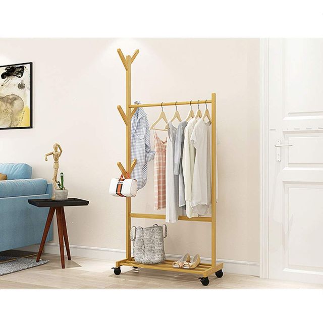 Single Rail Bamboo Garment Rack With 6 Side Hook Tree Stand