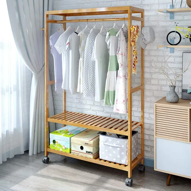 Clothes Hanging Rail 2 Tiers 4 Hooks for Laundry Storage Shelves