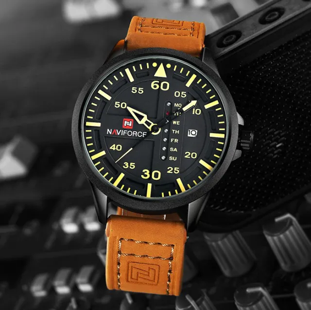 Naviforce Menâ€™s Watch NF9074 Waterproof 30m Leather Strap Analog