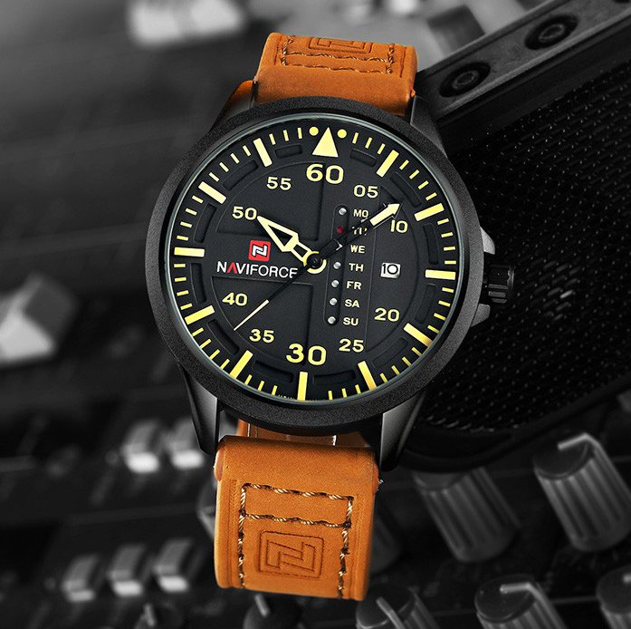 Naviforce Menâ€™s Watch NF9074 Waterproof 30m Leather Strap Analog