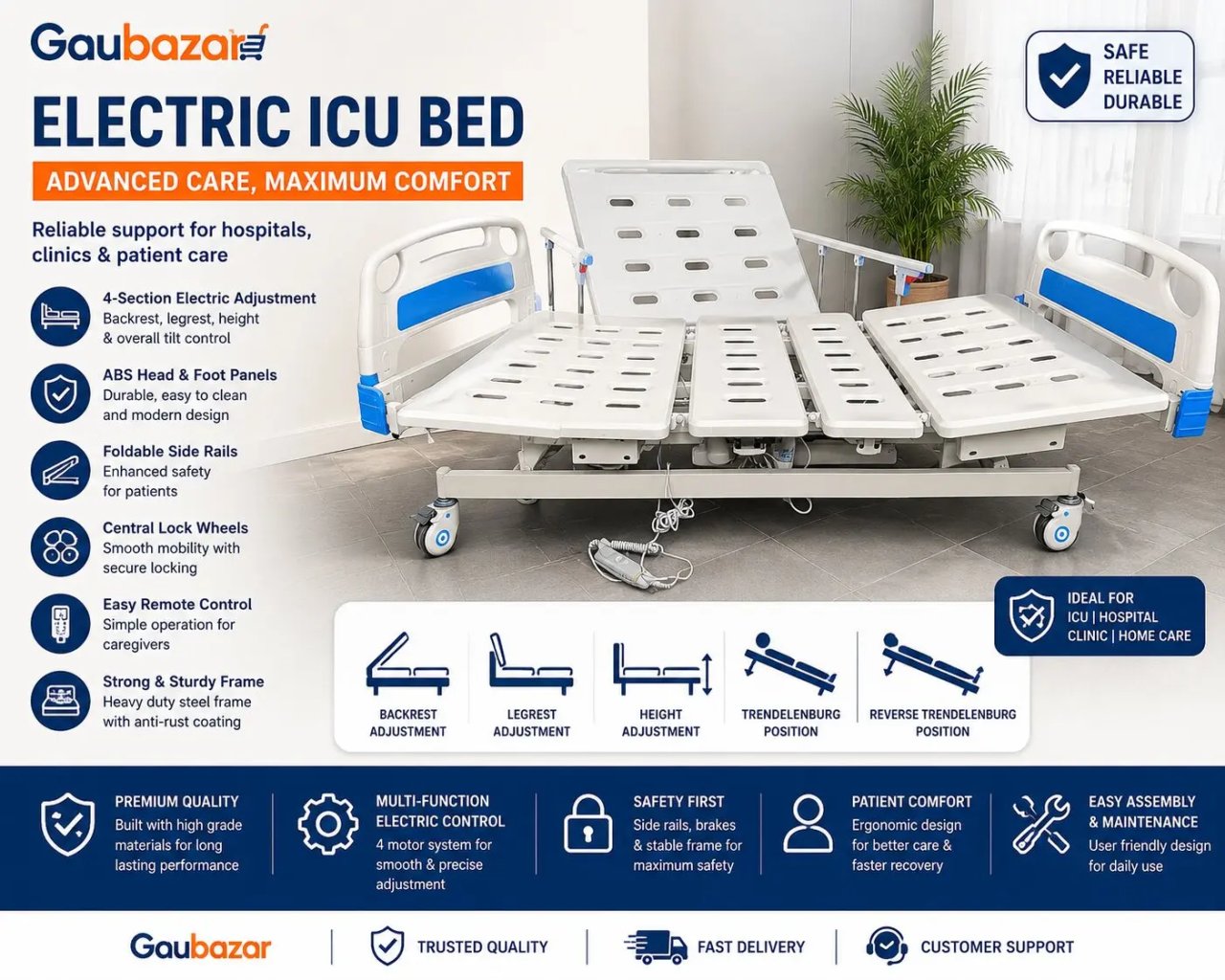5 Function Electric ICU Bed with ABS Side Rails in Nepal