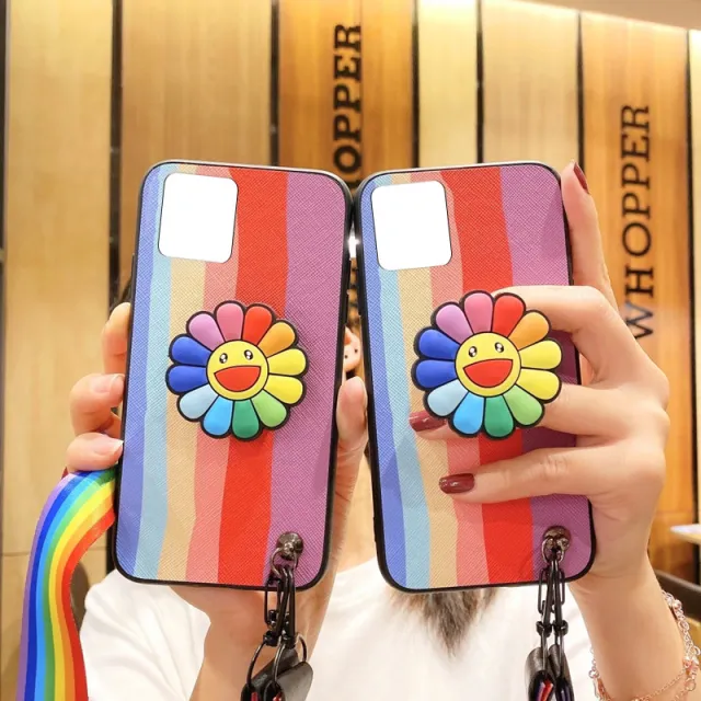 iPhone 12 Pro Max Rainbow Cute Sunflower Cover With Stand & Strap